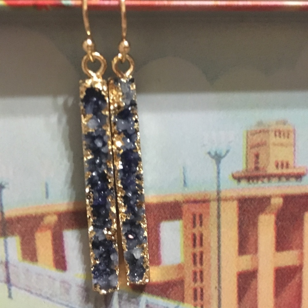 Dark blue druzy rectangular earrings
